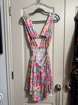 💖Floral Plunge Open Back‎ Mini Dress Maximalist Garden Party Summer Coquette thumbnail 3