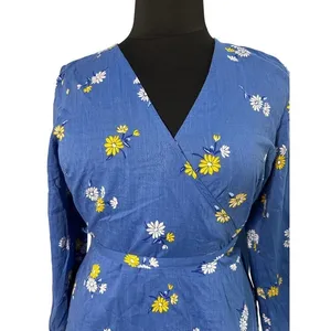 Old Navy Women Large Blue Floral Daisy‎ Wrap Top V-Neck Long Sleeve Blouse NEW thumbnail 6