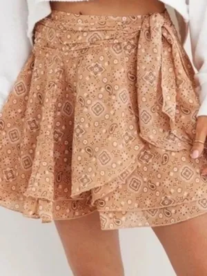 Aerie Women’s Small Chiffon Wrap Skirt Paisley Brown Bandana Print Boho Summer thumbnail 1