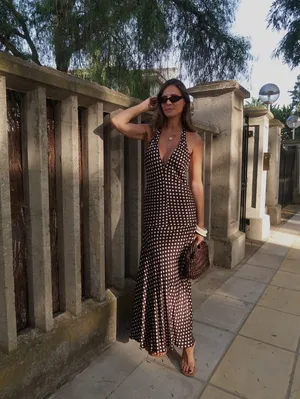 Zara Elegant Brown and White Polka Dot Halter maxi flowy Dress thumbnail 6