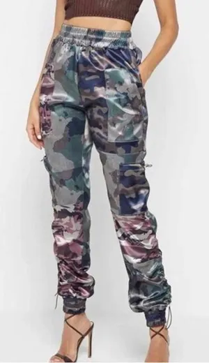 Maniere De Voir Patchwork Camo Print Cargo Drawstring Satin Jogger’s Women’s thumbnail 1