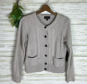 Fenn Wright Manson Oatmeal Neutral Tan Cable Knit Wool Blend Button Cardigan thumbnail 1