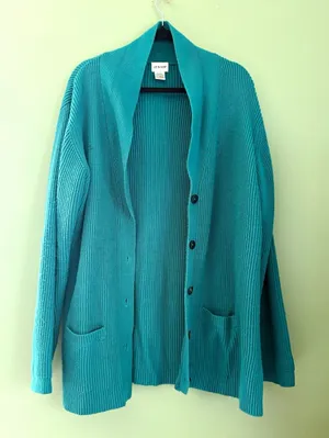 Liz Baker Vintage Teal Solid Rib-Knit Collared Button Front Pocket Cardigan XL thumbnail 1