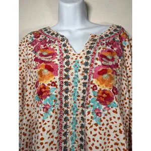 Savanna Jane Tunic Blouse Orange White Embroidered Floral Animal Print Large thumbnail 3