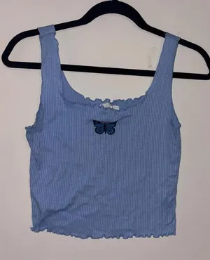 Caution to the Wind Y2K Blue Ribbed Tank Top with Butterfly DetailCrop Top Tank thumbnail 1
