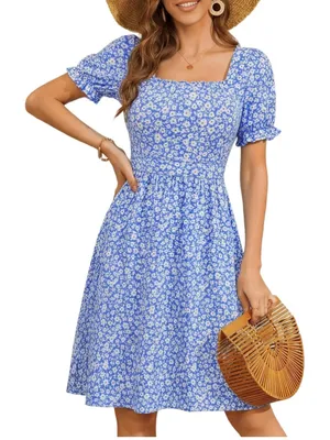 NEW Square Neck Dress Floral Puff Sleeve A Line Midi Dress Pockets S thumbnail 4