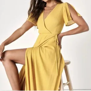 Lulu's Yellow Short Sleeve V-neck Front Slit Maxi Dress thumbnail 5