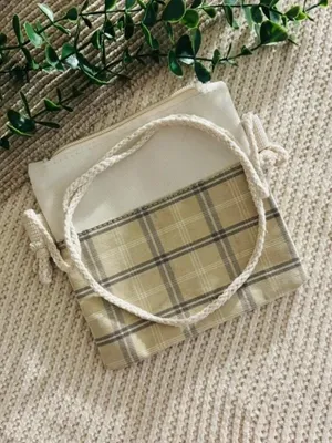 Cottagecore Cream Plaid Multi Piece Tote Set Canvas Buckle Bag thumbnail 4