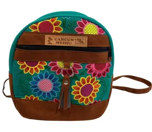 Cancun Mexico Floral Embroidered Mini Backpack Teal Brown Boho Artisan Bag‎ thumbnail 1