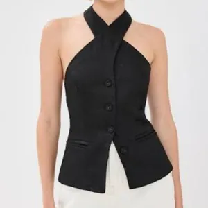 Reformation | Tate 100% Linen Halter Button Vest Top in Black | size 6 thumbnail 2
