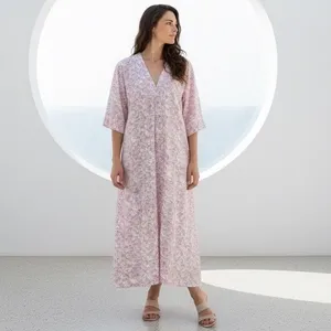 Brooke Wright Floral Kaftan Dress Womens Medium Pink Purple Cotton Linen Maxi‎ thumbnail 2