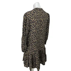 ZARA Black Tan Animal Print V-Neck Balloon Sleeve Flounce Hem Mini Shift Dress M thumbnail 2