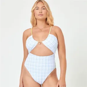 L*Space White Blue Plaid Ocean Charm Rizzo Cut Out One Piece in Powder Blue L thumbnail 3