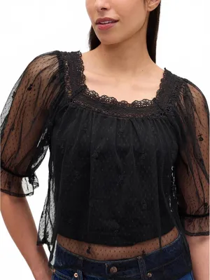 Gap Sheer Tulle Embroidered Top NWT True Black Size Medium thumbnail 3