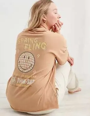 Aerie Brown Graphic T-Shirt Spring Fling‎ Disco Ball Smiley Face Oversized Small thumbnail 1