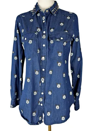 RARE Disney x Kook n Keech Denim Mickey Studded Snap Button Shirt *FLAW* thumbnail 1