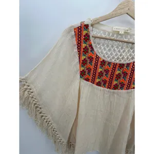 Lovestitch Cream Tulum Fringe Top Boho Embroidery Oversized‎ Fit Women Small NWT thumbnail 3
