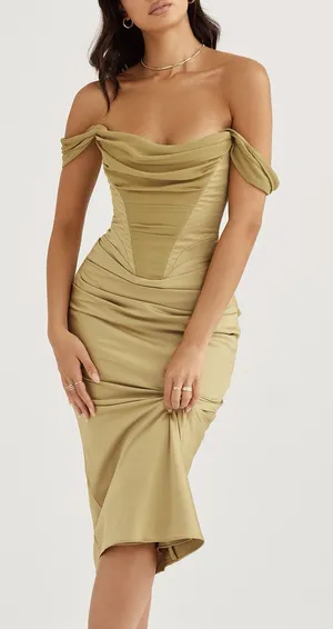 House of CB Natalya Olive Satin Corset Midi Dress size XS thumbnail 1