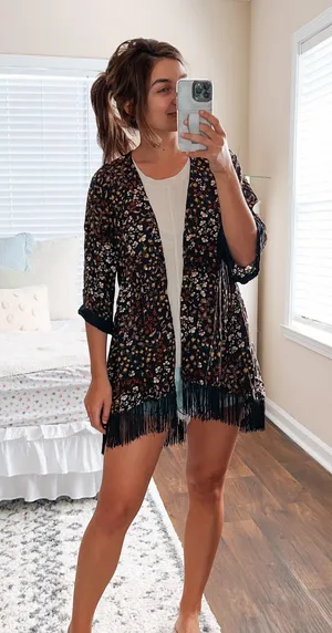 Maurice's Black Floral & Black Fringe Short Sleeve Kimono thumbnail 1