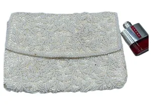 Vintage cream satin beaded clutch thumbnail 1