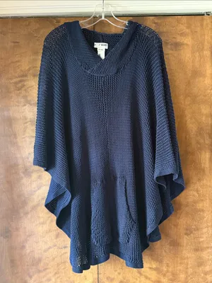 L’ogan Navy Blue Open Knit Oversized Poncho Sweater V Neck. Size One Size thumbnail 3