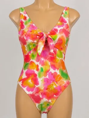 Shade & Shore Watercolor Floral Tie Front One Piece‎ Swimsuit High Leg Cheeky M thumbnail 1