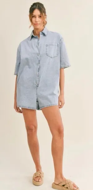 Mable Light Wash Short Sleeve Collar Shirt Pocketed Denim Short Romper S thumbnail 1