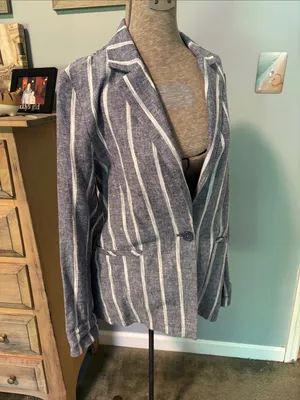 DREW Blue and White Striped Linen Single Breasted Jacket thumbnail 2