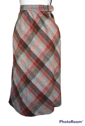 Vintage 70s Wool Diagonal Plaid Check Earth Tone Brown Red Tan A Line Midi Skirt thumbnail 1