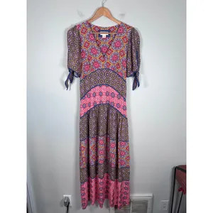 Maeve Anthropologie Eder Tiered Maxi Dress Womens 4 Medallion Boho Puff Sleeve thumbnail 2