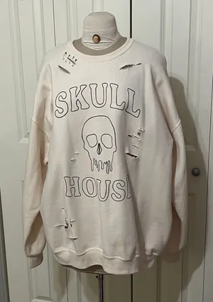 Skull House White Oversized Distressed Sweatshirt thumbnail 1