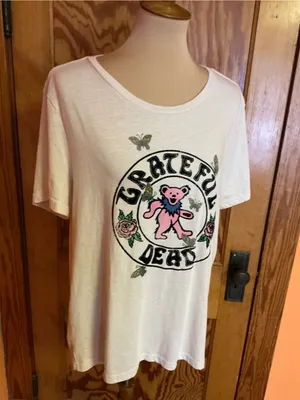 Grateful Dead Lucky Brand Dancing Bear Roses Flocked Graphic Tee XL thumbnail 8