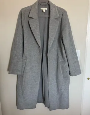 H&M Long Straight Cut Coat Jacket Light Gray Snap Closure Pockets Womens Size 8 thumbnail 1