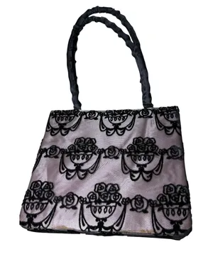 Victoria's Secret Pink Black Velvet Floral Flocked Evening Bag Satin Tote Handbag thumbnail 1