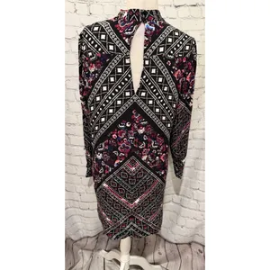 EXPRESS Rayon Long Sleeve Dress Keyhole Front Back Floral Black Purple Pink L thumbnail 5
