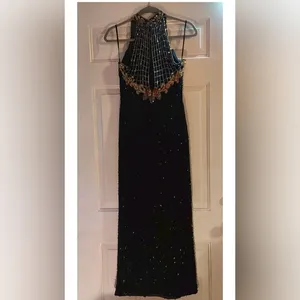 Ted LapidusBlack and Gold Strapless High Neck All Over Beaded Evening Gown Dress thumbnail 6