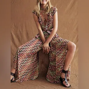 Free People Sahara Jumpsuit In Orange/Pink Abstract Print Wide Leg Boho Gypsy S thumbnail 3