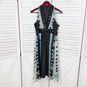 Zara Beaded Silk Pleated Multi Pattern Fit‎ Flare Halter Dress Black Teal Medium thumbnail 10