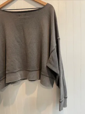 AERIE Boxy Cropped Relaxed Off-Shoulder Sweatshirt Mineral Dye Graphite Size M thumbnail 7