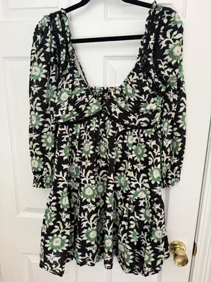 Free People Black Mini Dress with Green & Cream Floral‎ Print thumbnail 1