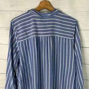 LOFT Striped Button Down Top Size L Blue White Long Sleeve Boho Coastal Nautical thumbnail 5