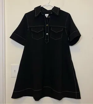 GANNI NEW Sable Topstitch Crepe Swing Button Front Mini Dress Black Sz 36 SNAGS thumbnail 4