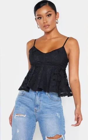 Nwt Naanaa Black Lace Peplum Strappy Cami Top Size Xs thumbnail 1