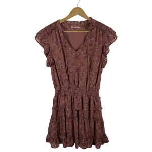 Entro Mauve Floral Smocked Mini Dress Tiered Cottage Boho Romantic Feminine thumbnail 3