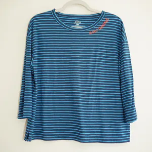 J. Crew Size Small Striped Long Sleeve Tee Navy Blue Avec Amour Embroidered thumbnail 1