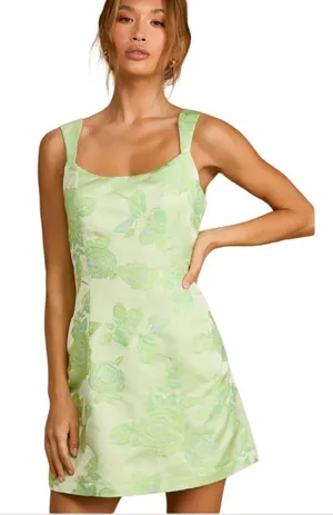 Lulus Brighter Side Mint Green Floral Satin Jacquard Mini Dress Size XL NY Jets thumbnail 1