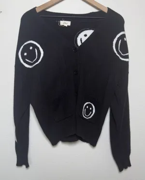 Elan Women Cardigan Sweater Small Black‎ Smiley Face Whimsigoth Indie Grunge thumbnail 1