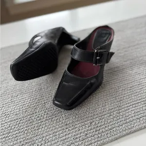 Vintage Merona Black Leather Silver Buckle Square Toe Maryjane Block Heels Shoes thumbnail 4