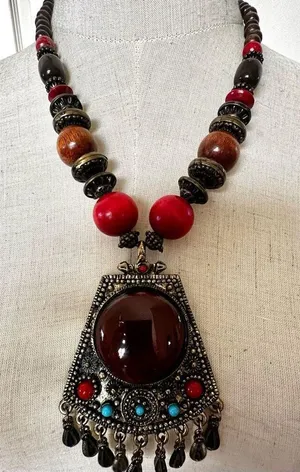 Ethnic wood beaded large pendant necklace thumbnail 1
