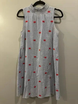 Crown & Ivy Seersucker Pinstripe Embroidered Crab Ruffle Collar Dress thumbnail 2